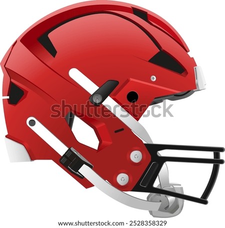 Realistic modern Red American Football helmet with black mask and chin strap. Side view