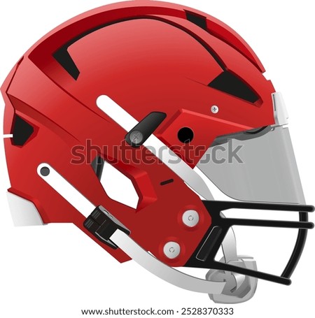 Realistic modern red American football helmet with safety glass, back mask and chin strap. Side view