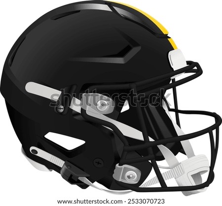 Realistic black 3D helmet for American Football with yellow stripes. Black mask and chin strap