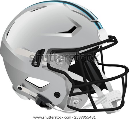 Realistic gray 3D helmet for American Football with blue and black stripes. Black mask with chin strap