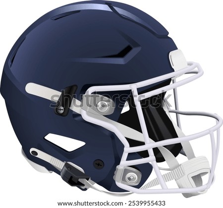 Realistic dark blue 3D helmet for American Football with white metallic mask with chin strap