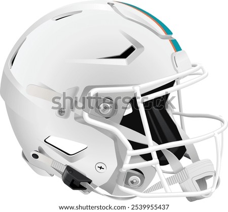 Realistic white 3D helmet for American Football with orange and green stripes. White mask with chin strap