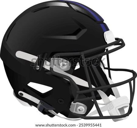 Realistic black 3D helmet for American Football with two purple stripes. Black mask with chin strap