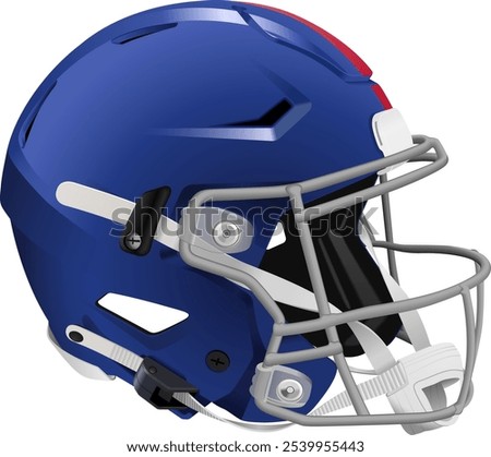 Realistic blue 3D American football helmet with red stripe. Grey mask with chin strap