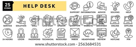 Help desk icon set. Containing support, information, advice, solving, help, service, solution and more. Outline vector icons collection