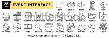 Event interface icon set. Containing edit, sound, mute, delete, idea, print, video and more. Outline vector icons collection