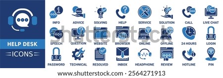 Help desk icon set. Containing support, information, advice, solving, help, service, solution and more. Solid vector icons collection