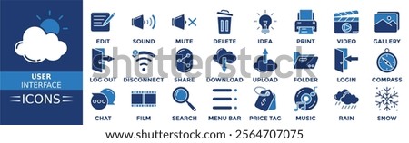 User interface icon set. Containing edit, sound, mute, delete, idea, print, video, gallery and more. Solid vector icons collection