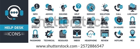 Help desk icon set. Containing support, information, advice, solving, help, service, solution and more. Solid vector icons collection