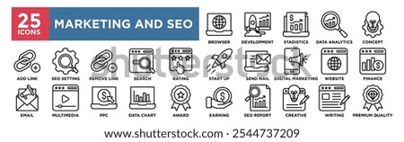 Marketing and SEO icon collection set. Containing design Browser, Development, Statistics, Data Analytics, Concept