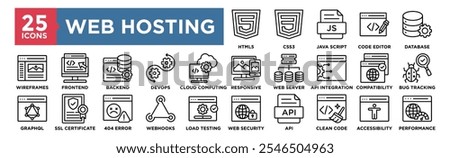 Web Hosting  icon collection set. Containing design HTML5, CSS3, Java Script, Code Editor, Database Management