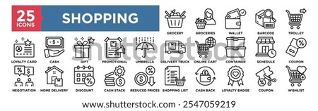 Shopping icon collection set. Containing design Grocery, Groceries, Wallet, Barcode, Trolley