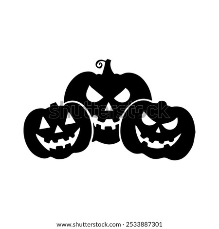  A group of three black and white icons depicting classic jack-o'-lanterns with carved faces featuring varying expressions, including a wide grin, a more sinister smile, and a narrowed, menacing look.