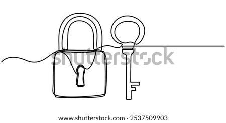 Keys and locker continuous one line drawing, Security Padlock Line icon, Sketch Design, Pixel perfect, Editable stroke, Encryption, Firewall, Guarding, Key, love key with love padlock continuous line