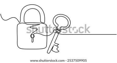 Keys and locker continuous one line drawing, Security Padlock Line icon, Sketch Design, Pixel perfect, Editable stroke, Encryption, Firewall, Guarding, Key, love key with love padlock continuous line