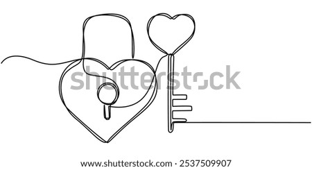 Keys and locker continuous one line drawing, Security Padlock Line icon, Sketch Design, Pixel perfect, Editable stroke, Encryption, Firewall, Guarding, Key, love key with love padlock continuous line