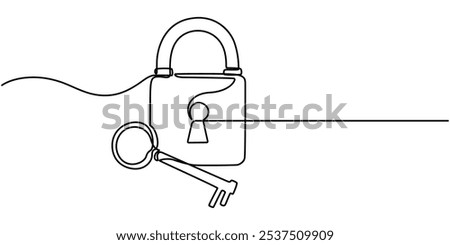 Keys and locker continuous one line drawing, Security Padlock Line icon, Sketch Design, Pixel perfect, Editable stroke, Encryption, Firewall, Guarding, Key, love key with love padlock continuous line