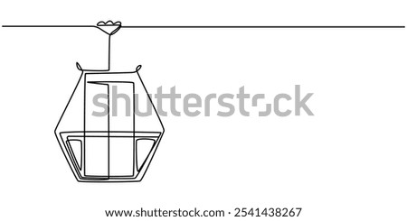 Cable car one line drawing, Cable car with cabins continuous one line drawing, Cable car in continuous line art drawing style. Aerial tramway black linear sketch isolated on white background. Vector