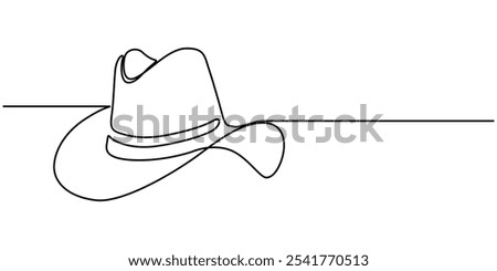 Cowboy hat continuous one line drawing vector illustration. Premium vector, Boater Hat Continuous Line Icon, Continuous one line drawing lady hat cap icon vector illustrations, An abstract felt hat.