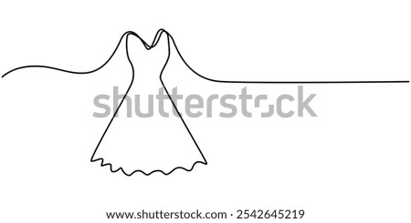 Dress one line continuous. Dress line art. Hand drawn vector art, Wedding dress in one continuous line drawing. Fashion clothes symbol for bridal shop and invitation design in simple linear style.