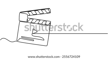 One continuous line drawing of clapper board. Action movie scene and retro video production concept in simple linear style. Outline editable stroke. Doodle vector illustration, One line drawing.