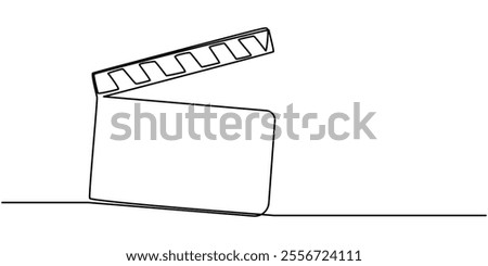 One continuous line drawing of clapper board. Action movie scene and retro video production concept in simple linear style. Outline editable stroke. Doodle vector illustration, One line drawing.