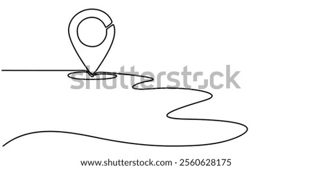 continuous one line google map point route directions and location outline vector art illustration, Single line is creating a location pin over a wavy road. Vector illustration, Continuous one line.