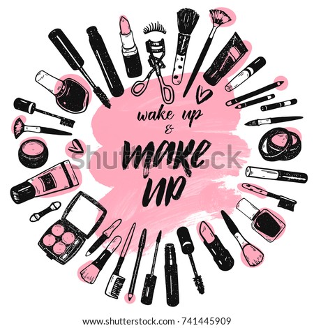 Wake up and make up brush lettering on pink art brush stroke background with cosmetics collection Foto stock © 