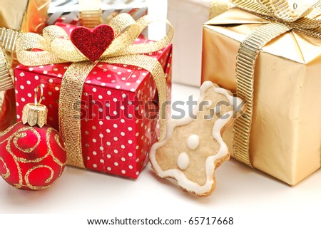 background of Christmas ornaments, sweets and a gift