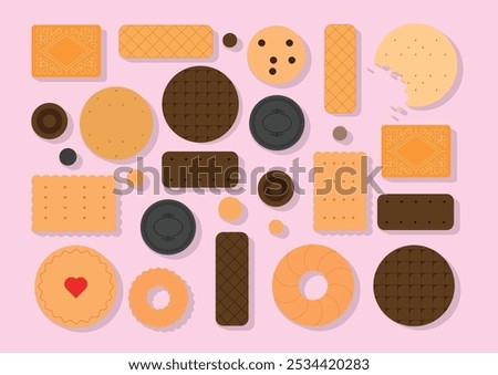 A variety of biscuits and cookies on a pink background. Brands like McVitie's, Oreo, and Bourbon are represented. Shapes include round, square, and rectangular.