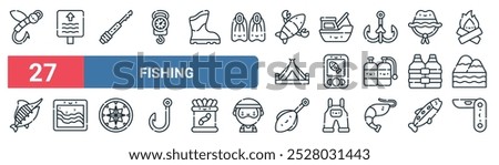 27 set of outline web fishing icons featuring river, harpoon, boat, radar, life jacket, map, fishing baits, swiss army knife vector thin line icons for ui, web design and mobile app.