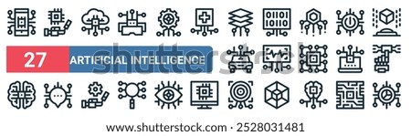 27 set of outline web artificial intelligence icons featuring artificial intelligence, cloud computing, binary, voice recognition, laptop, chat, target, analytics vector thin line icons for ui, web