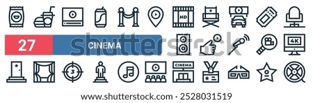 27 set of outline web cinema icons featuring junk food, video player, director chair, good cinema, search, screen, cinema, film reel vector thin line icons for ui, web design and mobile app.