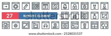 27 set of outline web website element icons featuring gear, graphic de, lock, server storage, avatar, browser, error, search vector thin line icons for ui, web design and mobile app.