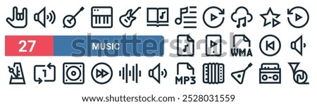 27 set of outline web music icons featuring high volume, banjo, forward, play, play button, repeat, mp, french horn vector thin line icons for ui, web design and mobile app.