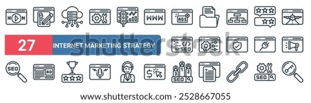 27 set of outline web internet marketing strategy icons featuring blogging, server, archive, web management, plugins, advertising, pagerank, keywording vector thin line icons for ui, web design and