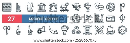 27 set of outline web ancient greece icons featuring column, armour, medicine, games, pandoras box, olive oil, pattern, shield vector thin line icons for ui, web design and mobile app.