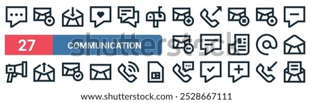 27 set of outline web communication icons featuring love, download, outcoming call, chat, arroba, upload, calling, mail vector thin line icons for ui, web design and mobile app.