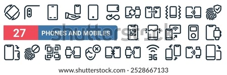 27 set of outline web phones and mobiles icons featuring back camera, smartphone, connection, broken smartphone, music player, forbidden, connection, rotate vector thin line icons for ui, web design