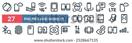 27 set of outline web phones and mobiles icons featuring mobile cloud, smartphone, keyboard, transfer, smartphone, fingerprint, g,   vector thin line icons for ui, web design and mobile app.