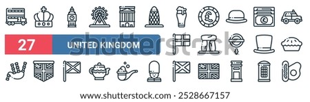 27 set of outline web united kingdom icons featuring crown, big ben, pound sterling, stonehenge, top hat, united kingdom, scotland, english breakfast vector thin line icons for ui, web design and