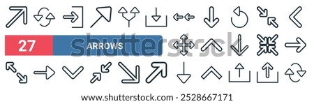 27 set of outline web arrows icons featuring refresh, enter, arrow, arrow, minimize, arrow, refresh vector thin line icons for ui, web design and mobile app.