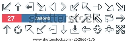 27 set of outline web arrows icons featuring arrow, exit, diagonal arrow, diagonal arrow, reload, reload, download, expand vector thin line icons for ui, web design and mobile app.