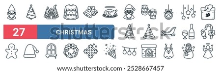 27 set of outline web christmas icons featuring christmas tree, cabin, gloves, party hat, wine, santa hat, christmas lights, angel vector thin line icons for ui, web design and mobile app.