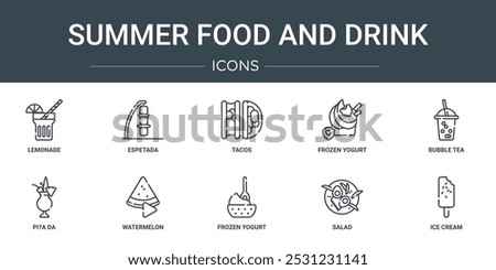 set of 10 outline web summer food and drink icons such as lemonade, espetada, tacos, frozen yogurt, bubble tea, pi?a da, watermelon vector icons for report, presentation, diagram, web design, mobile