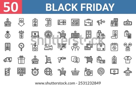 50 set of outline web black friday icons such as arrow down, price tag, bauble, sale, truck, chat box, smartphone vector thin icons for report, presentation, diagram, web design, mobile app