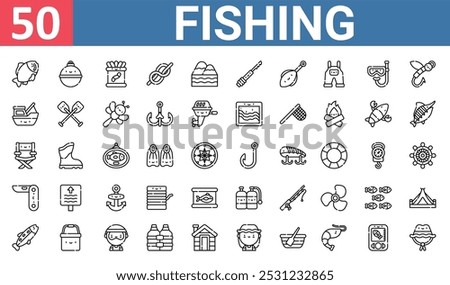 50 set of outline web fishing icons such as buoy, worms, boat, folding chair, swiss army knife, oxygen tank, trout vector thin icons for report, presentation, diagram, web design, mobile app