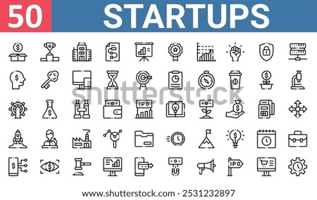 50 set of outline web startups icons such as trophy, office, thinking, leadership, startup, time, online shop vector thin icons for report, presentation, diagram, web design, mobile app