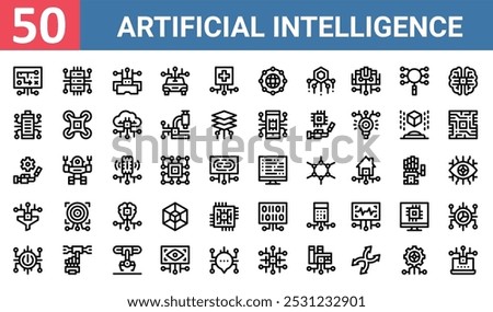 50 set of outline web artificial intelligence icons such as database, virtual reality glasses, battery status, robot, filter, binary, power button vector thin icons for report, presentation,