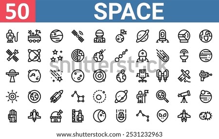 50 set of outline web space icons such as  , mars, satellite, ufo, sun, planet, glove vector thin icons for report, presentation, diagram, web design, mobile app